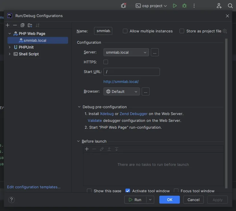 run debug configurations PhpStorm